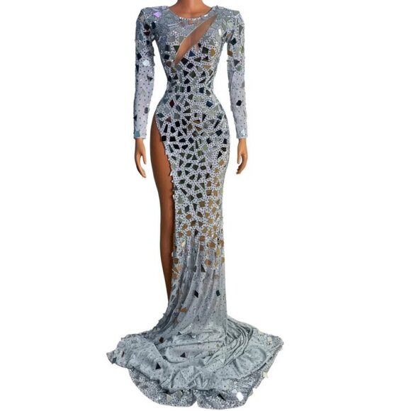 Angel Brinks Dresses & Skirts - Angel Brinks Mirror Ball Gown Silver High Slit Small Cut Out Rhinestones Glam